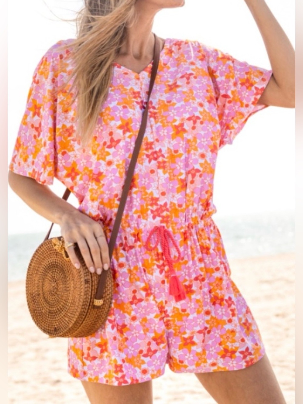 Cabana Life Orange Pink Floral UPF 50 Romper Dress Sz L Beach Cruise Resortwear